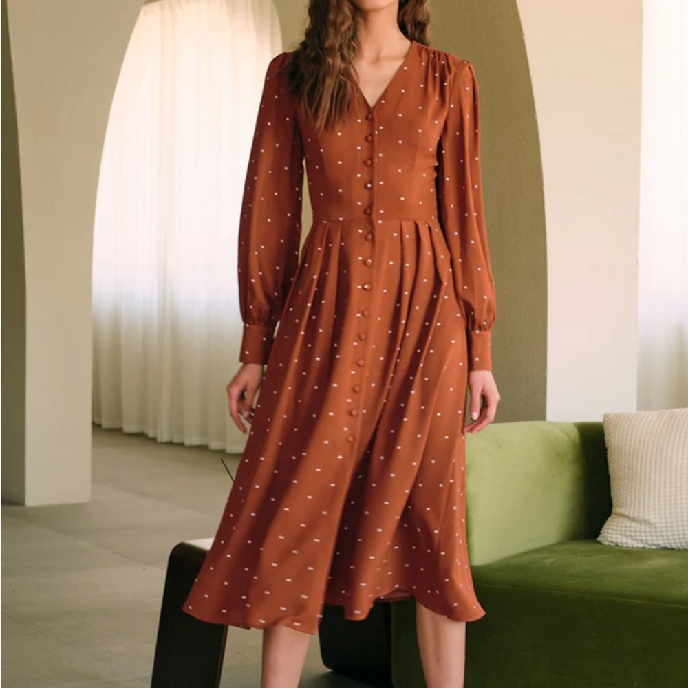 NWT Brown Polka Dot Pleated Midi Dress
In original packaging